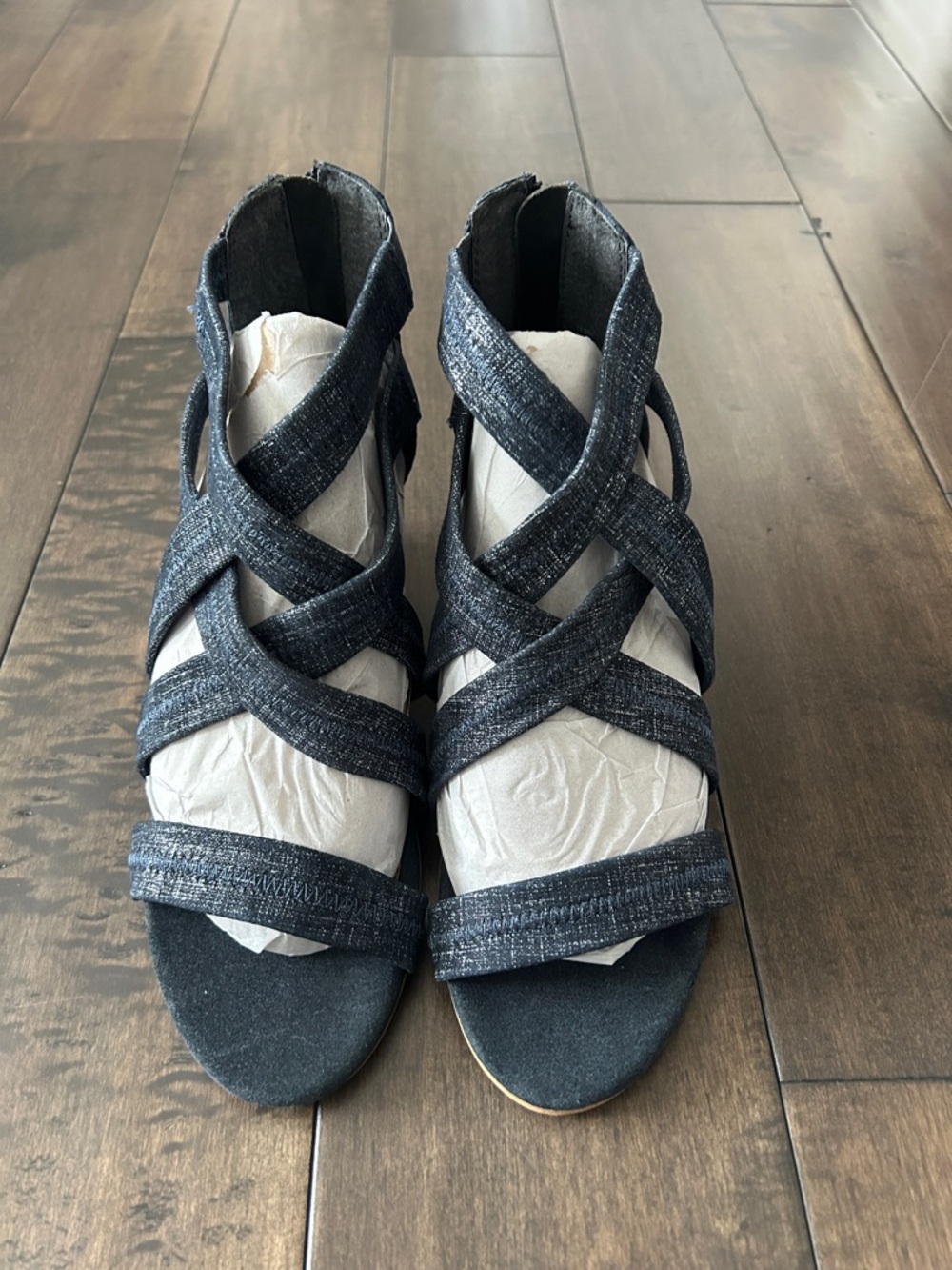 Strappy Navy Denim-Look Wedge Sandal